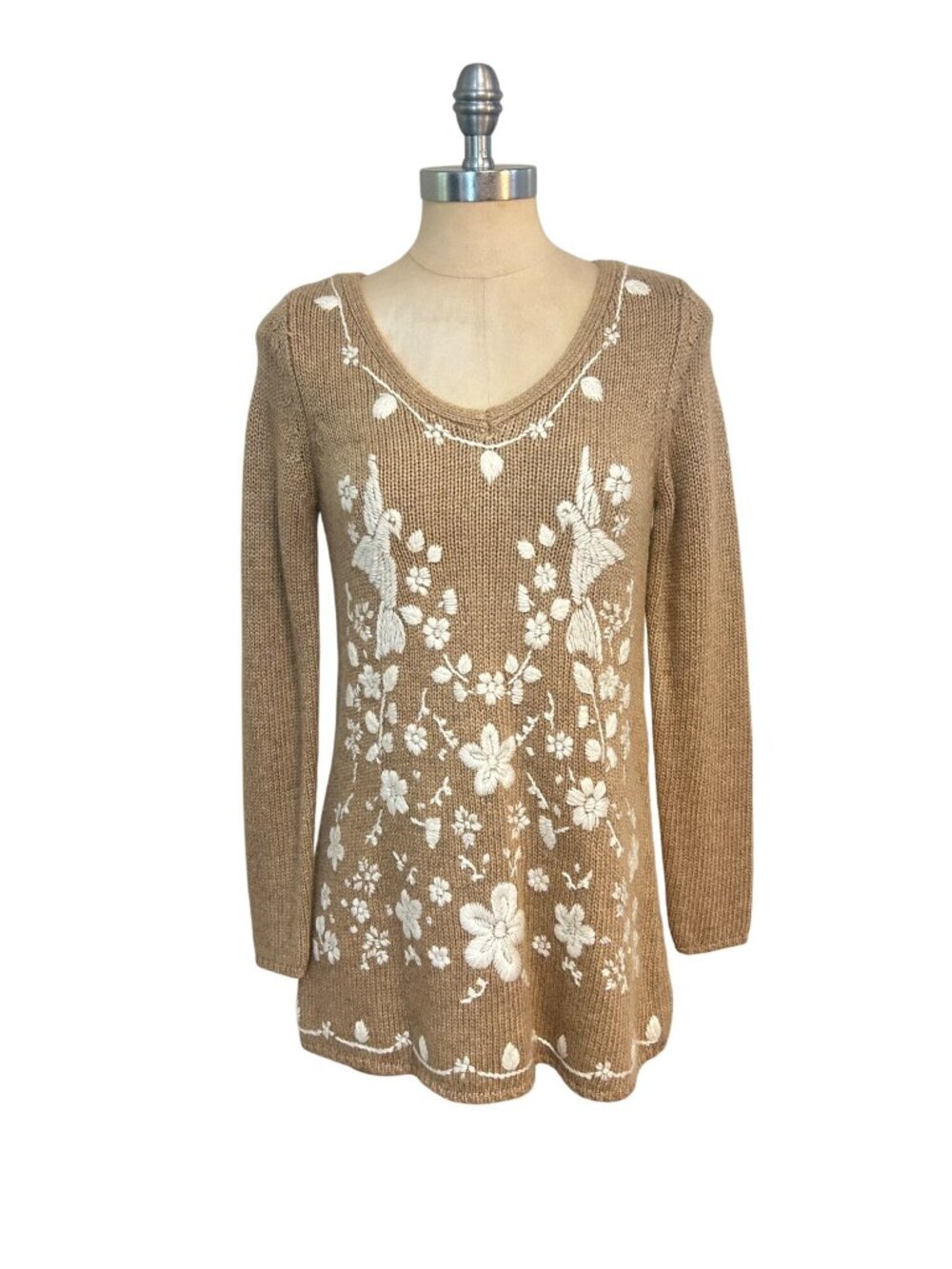 Soft Surroundings Tan Embroidered Knit Sweater NWT Floral Bird Design XS